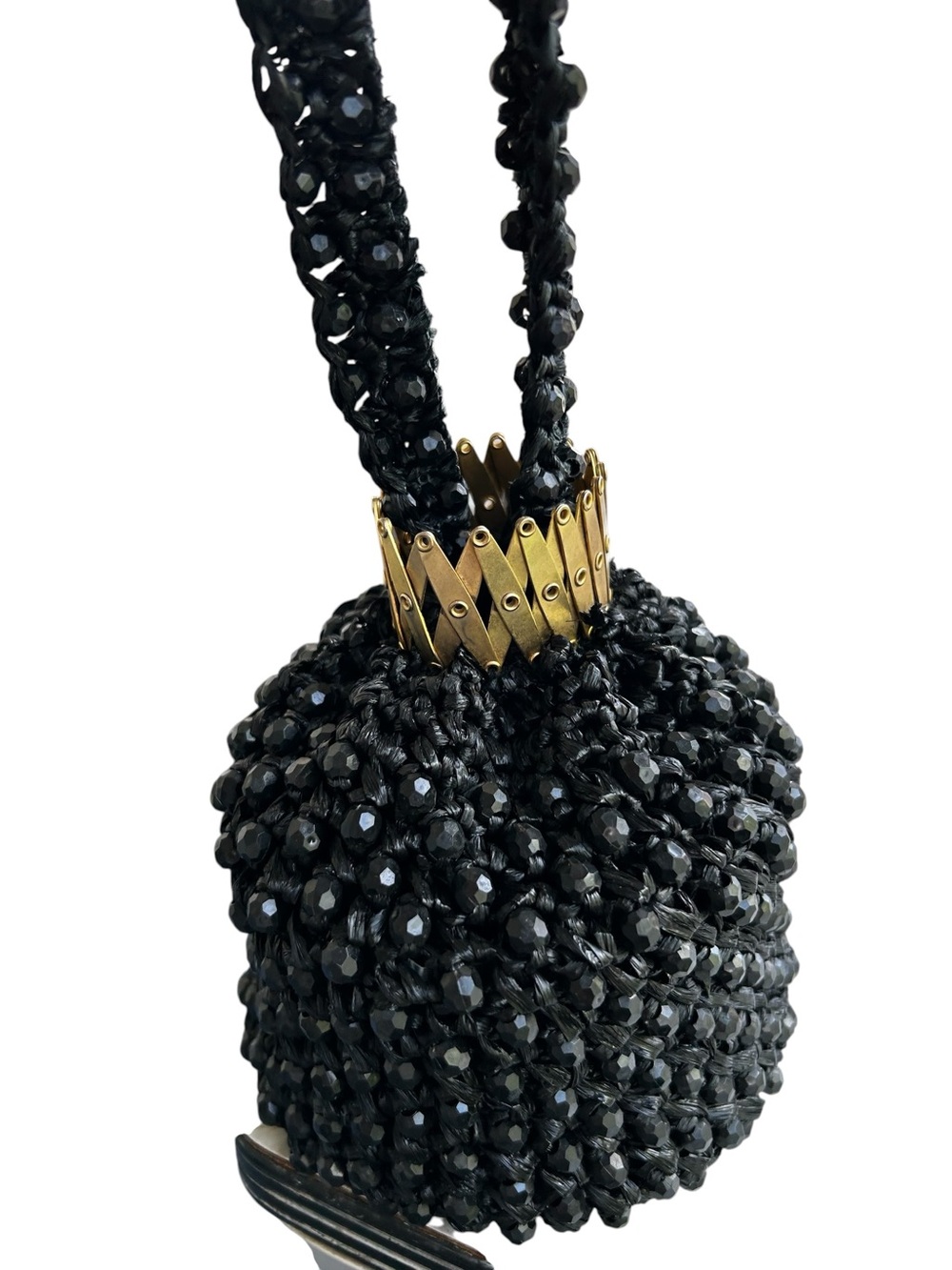 Vintage Le Jule Black Bead Purse with Gold Toned Accordion
